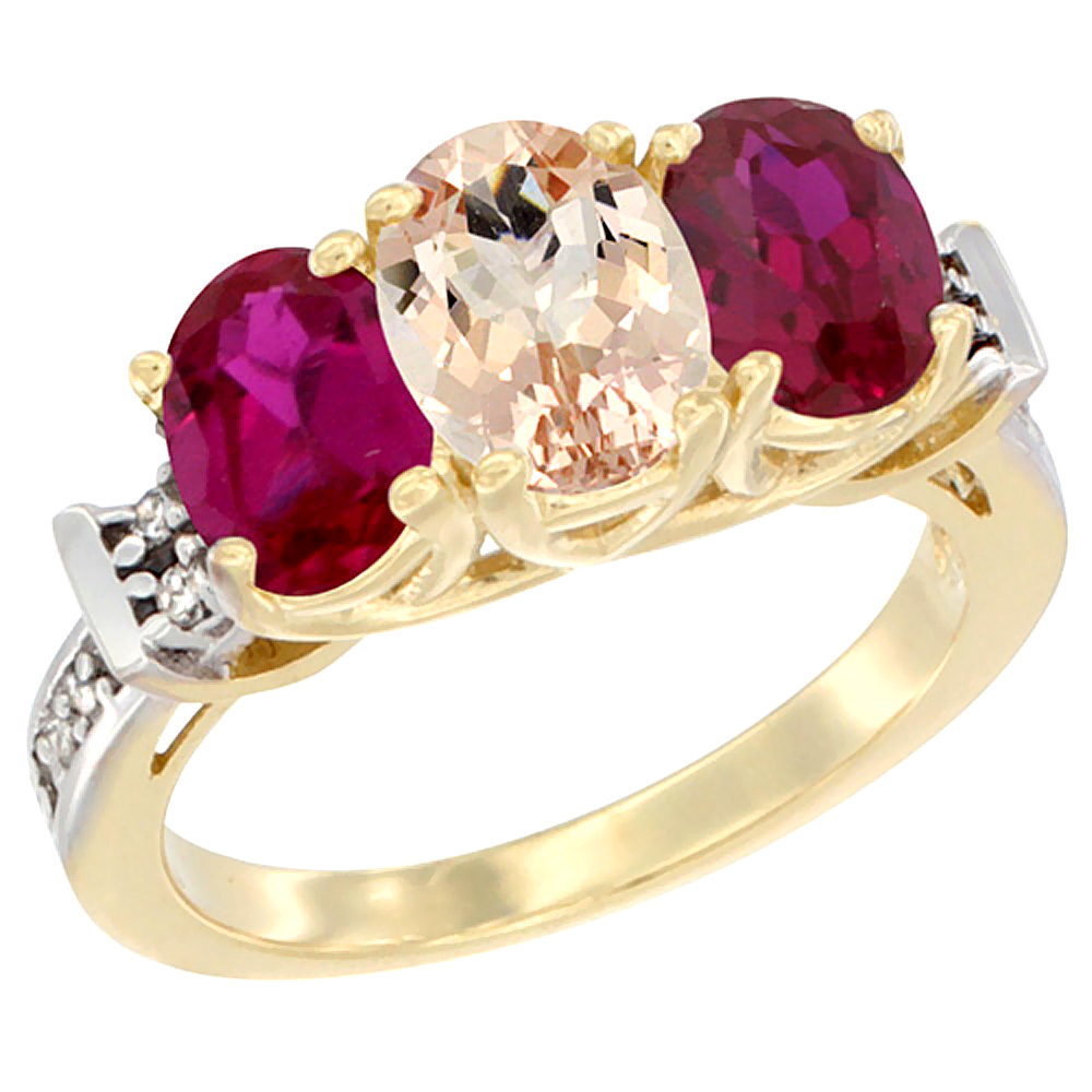 Sabrina Silver 14K Yellow Gold Natural Morganite & Enhanced Ruby Sides Ring 3-Stone Oval Diamond Accent, sizes 5 - 10
