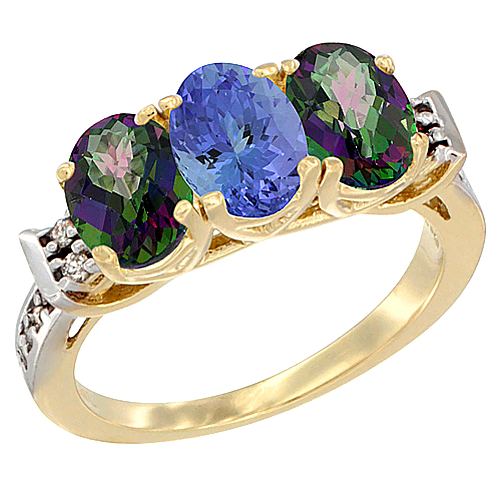 Sabrina Silver 14K Yellow Gold Natural Tanzanite & Mystic Topaz Sides Ring 3-Stone 7x5 mm Oval Diamond Accent, sizes 5 - 10