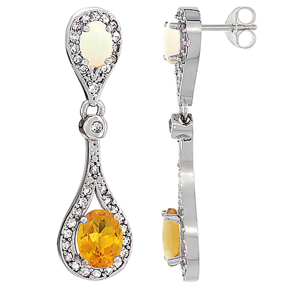 Sabrina Silver 14K White Gold Natural Citrine & Opal Oval Dangling Earrings White Sapphire & Diamond Accents, 1 3/8 inches long