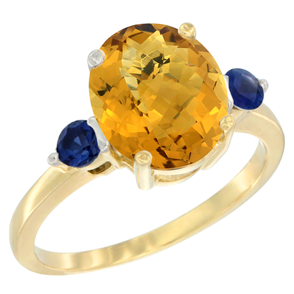 Sabrina Silver 10K Yellow Gold 10x8mm Oval Natural Whisky Quartz Ring for Women Blue Sapphire Side-stones sizes 5 - 10