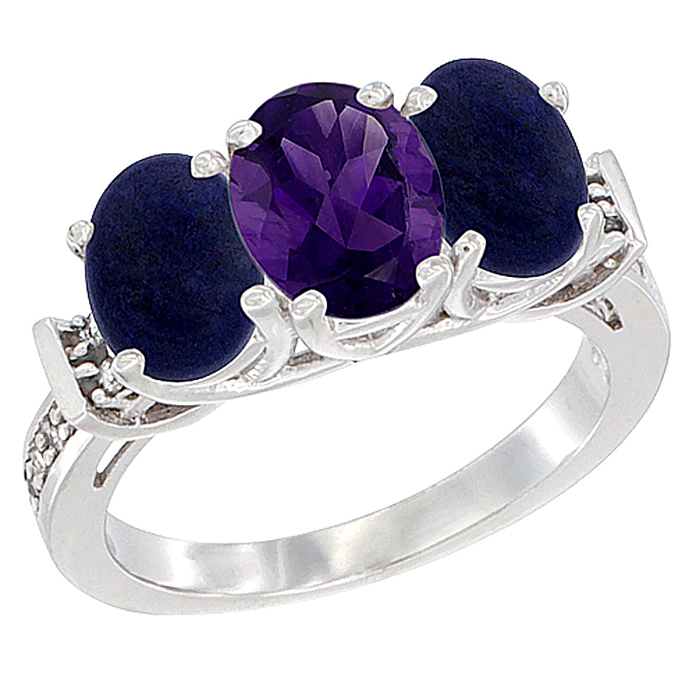 Sabrina Silver 14K White Gold Natural Amethyst & Lapis Sides Ring 3-Stone Oval Diamond Accent, sizes 5 - 10