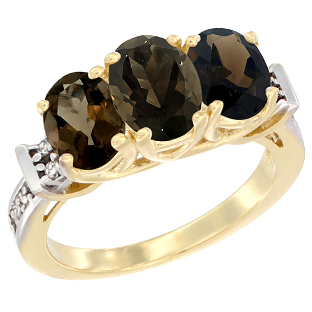 Sabrina Silver 10K Yellow Gold Natural Smoky Topaz Ring 3-Stone Oval Diamond Accent, sizes 5 - 10