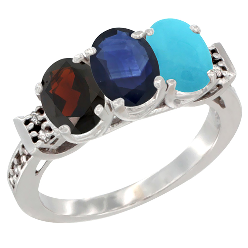 Sabrina Silver 14K White Gold Natural Garnet, Blue Sapphire & Turquoise Ring 3-Stone 7x5 mm Oval Diamond Accent, sizes 5 - 10