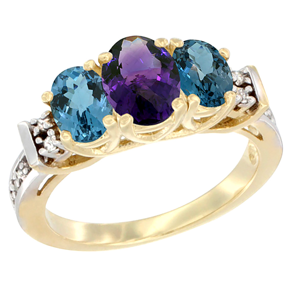 Sabrina Silver 14K Yellow Gold Natural Amethyst & London Blue Topaz Ring 3-Stone Oval Diamond Accent