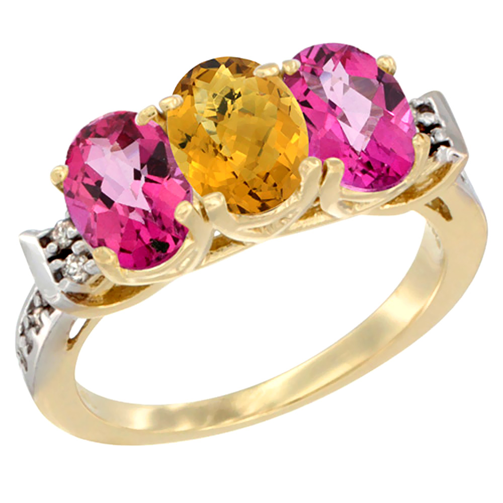 Sabrina Silver 10K Yellow Gold Natural Whisky Quartz & Pink Topaz Sides Ring 3-Stone Oval 7x5 mm Diamond Accent, sizes 5 - 10
