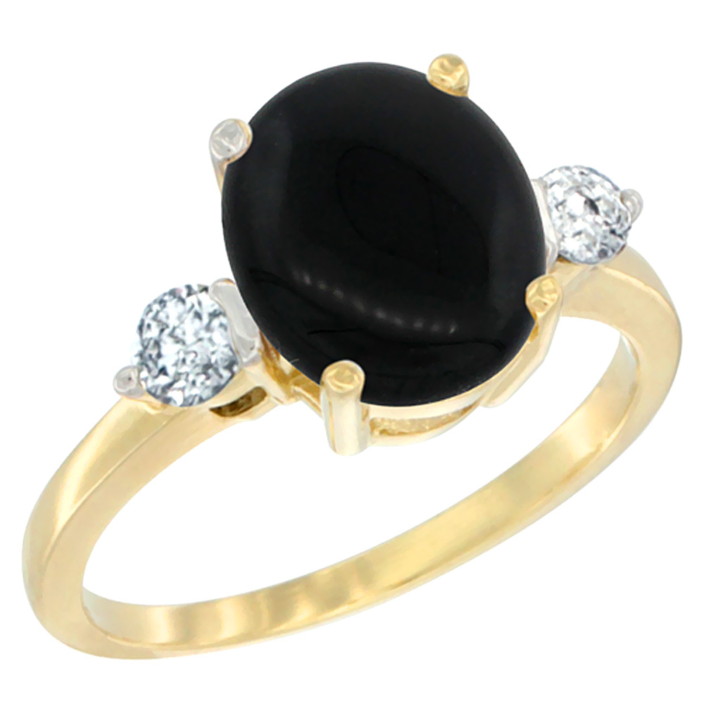 Sabrina Silver 10K Yellow Gold 10x8mm Oval Natural Black Onyx Ring for Women Diamond Side-stones sizes 5 - 10