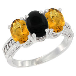 Sabrina Silver 14K White Gold Natural Black Onyx Ring with Whisky Quartz 3-Stone 7x5 mm Oval Diamond Accent, sizes 5 - 10