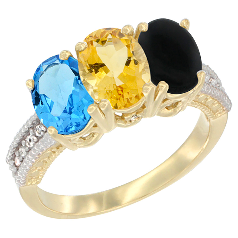Sabrina Silver 10K Yellow Gold Diamond Natural Swiss Blue Topaz, Citrine & Black Onyx Ring 3-Stone Oval 7x5 mm, sizes 5 - 10