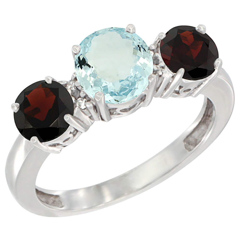 Sabrina Silver 10K White Gold Round 3-Stone Natural Aquamarine Ring & Garnet Sides Diamond Accent, sizes 5 - 10