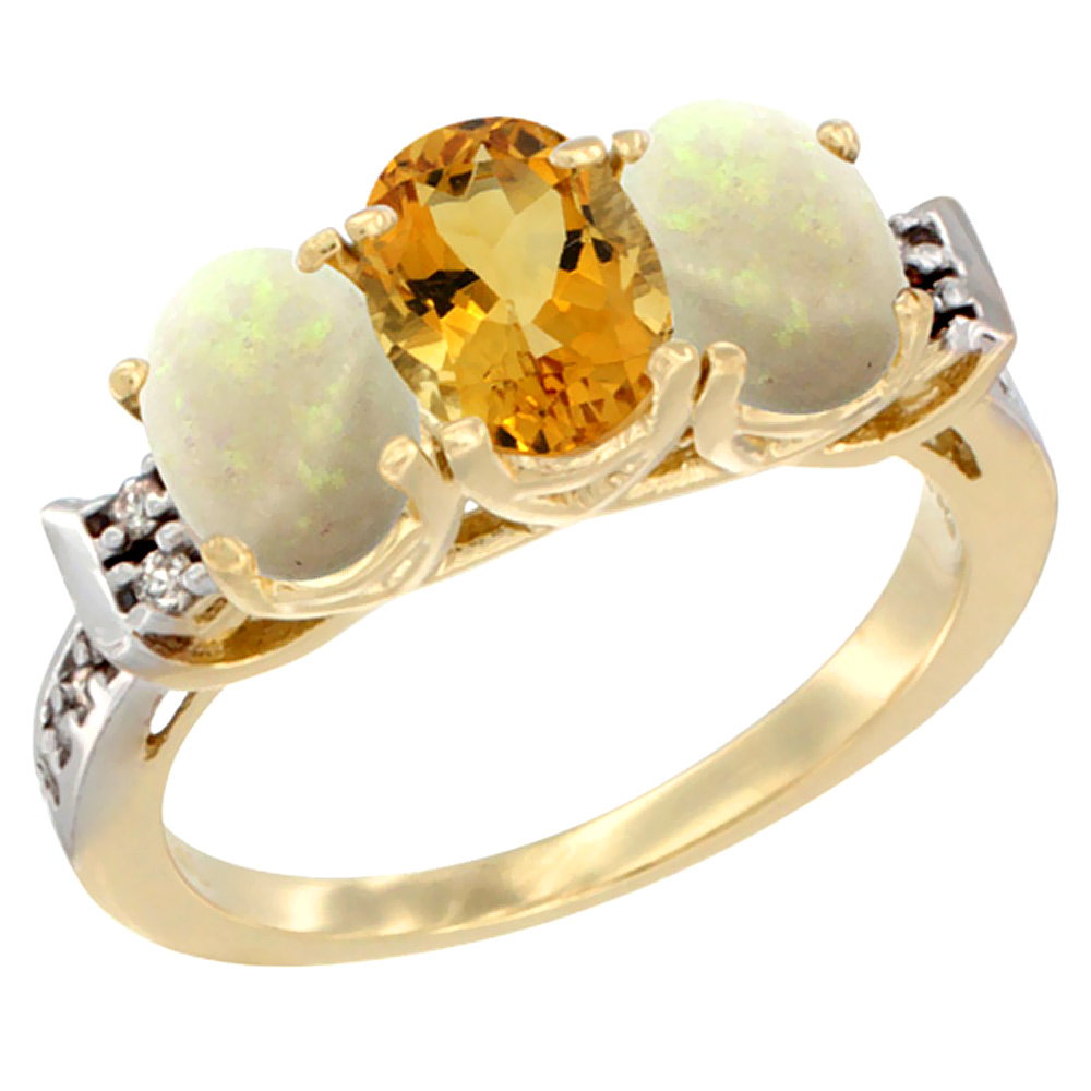 Sabrina Silver 10K Yellow Gold Natural Citrine & Opal Sides Ring 3-Stone Oval 7x5 mm Diamond Accent, sizes 5 - 10