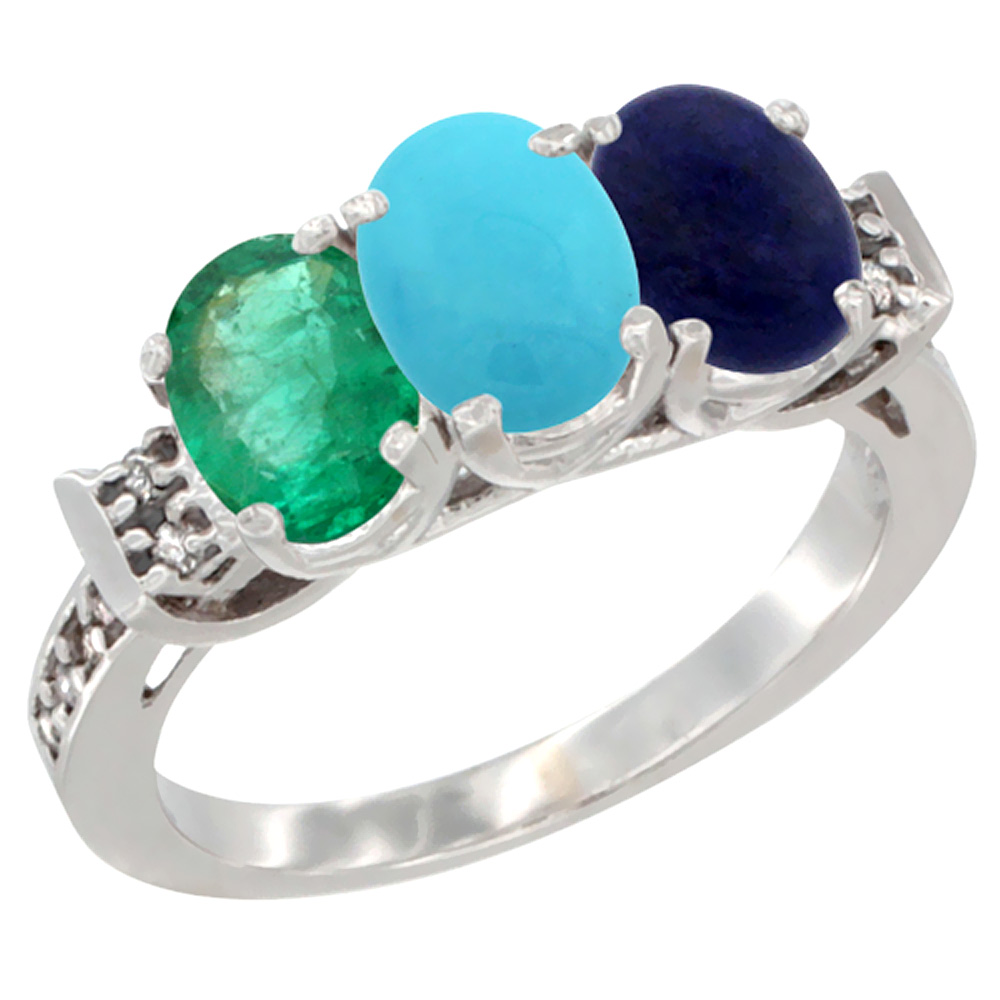 Sabrina Silver 10K White Gold Natural Emerald, Turquoise & Lapis Ring 3-Stone Oval 7x5 mm Diamond Accent, sizes 5 - 10