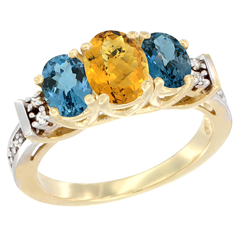 Sabrina Silver 14K Yellow Gold Natural Whisky Quartz & London Blue Ring 3-Stone Oval Diamond Accent