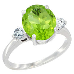Sabrina Silver 10K White Gold 10x8mm Oval Natural Peridot Ring for Women Diamond Side-stones sizes 5 - 10