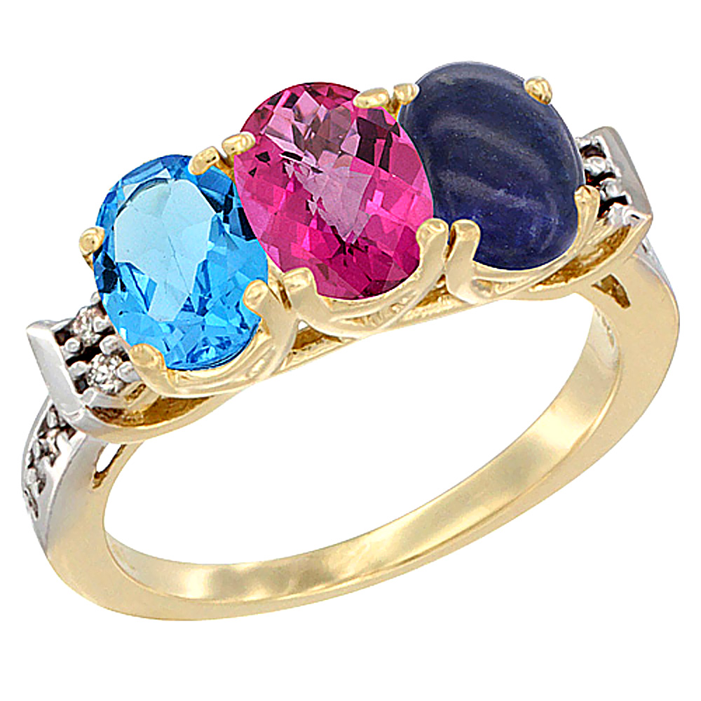 Sabrina Silver 14K Yellow Gold Natural Swiss Blue Topaz, Pink Topaz & Lapis Ring 3-Stone 7x5 mm Oval Diamond Accent, sizes 5 - 10