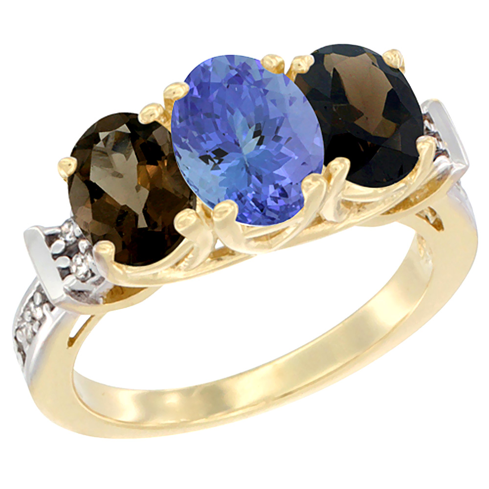 Sabrina Silver 14K Yellow Gold Natural Tanzanite & Smoky Topaz Sides Ring 3-Stone Oval Diamond Accent, sizes 5 - 10