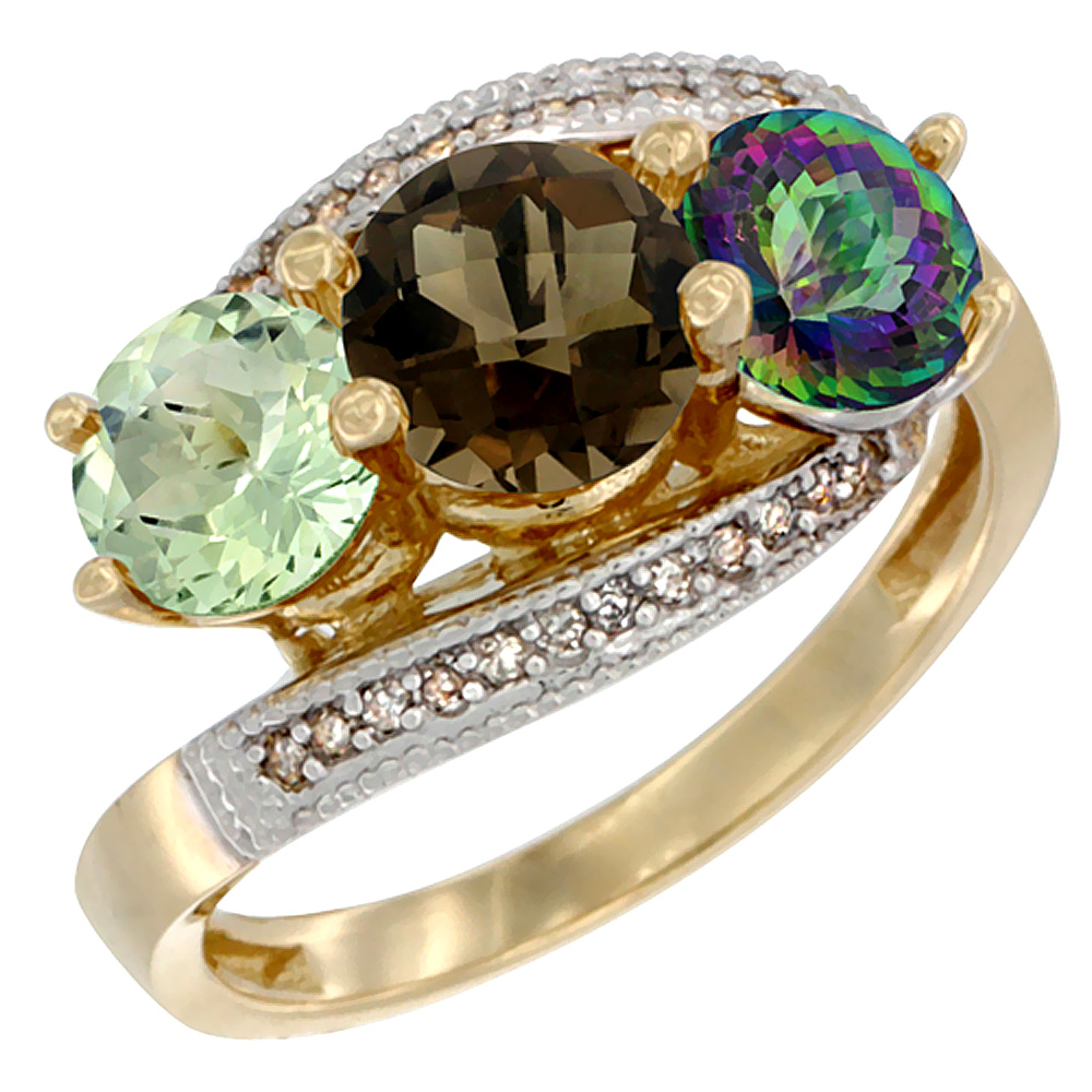 Sabrina Silver 10K Yellow Gold Natural Green Amethyst, Smoky & Mystic Topaz 3 stone Ring Round 6mm Diamond Accent, sizes 5 - 10
