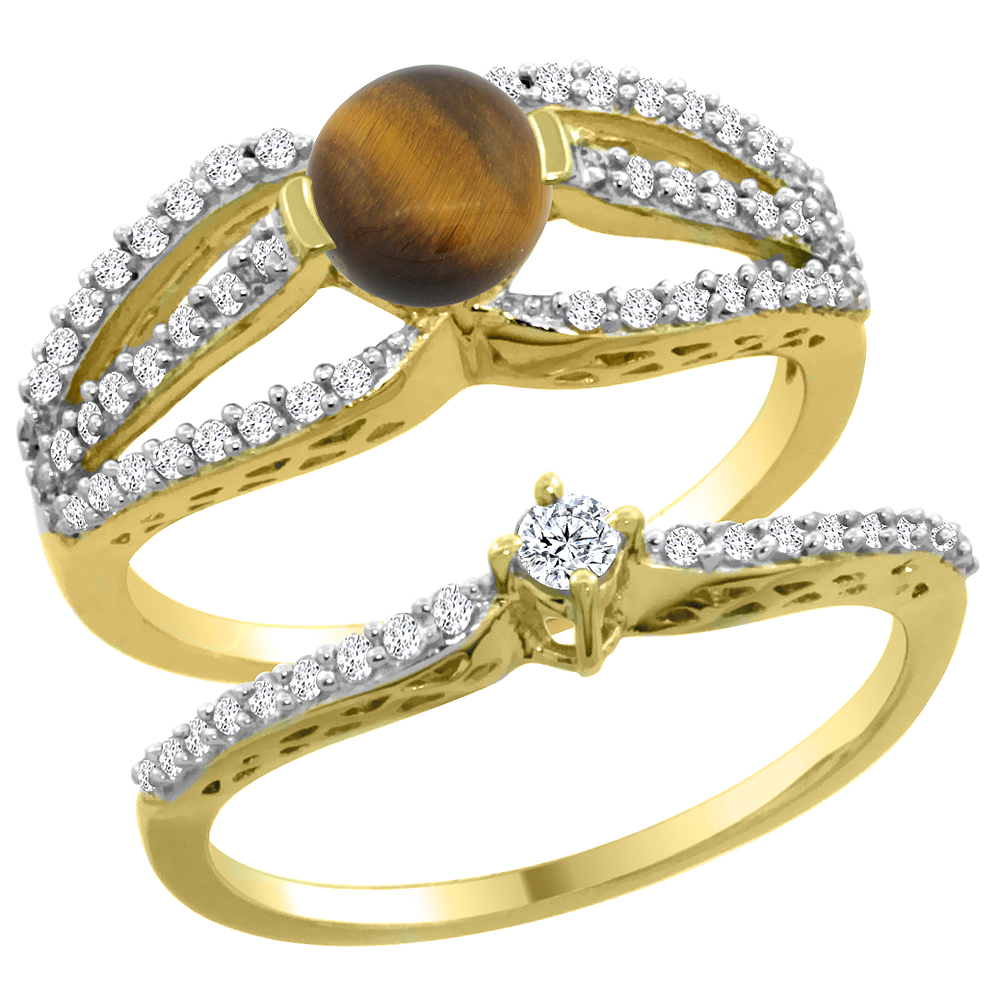 Sabrina Silver 14K Yellow Gold Natural Tiger Eye 2-piece Engagement Ring Set Round 5mm, sizes 5 - 10