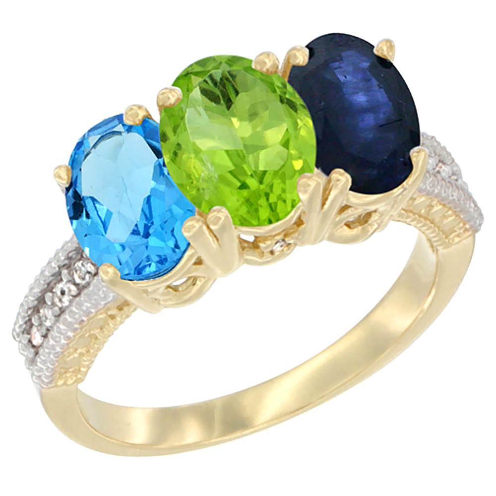 Sabrina Silver 10K Yellow Gold Diamond Natural Swiss Blue Topaz, Peridot & Blue Sapphire Ring 3-Stone Oval 7x5 mm, sizes 5 - 10