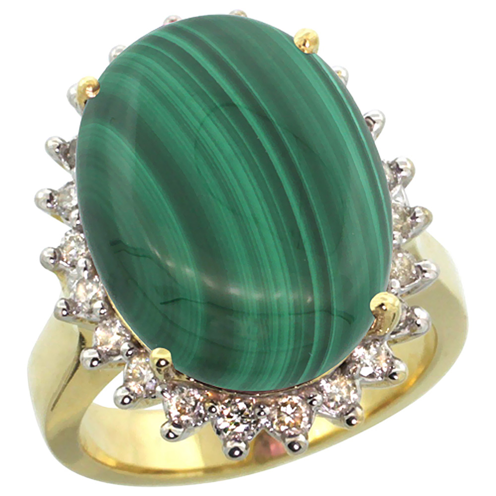 Sabrina Silver 10k Yellow Gold Diamond Halo Natural Malachite Ring Large Oval 18x13mm, sizes 5-10