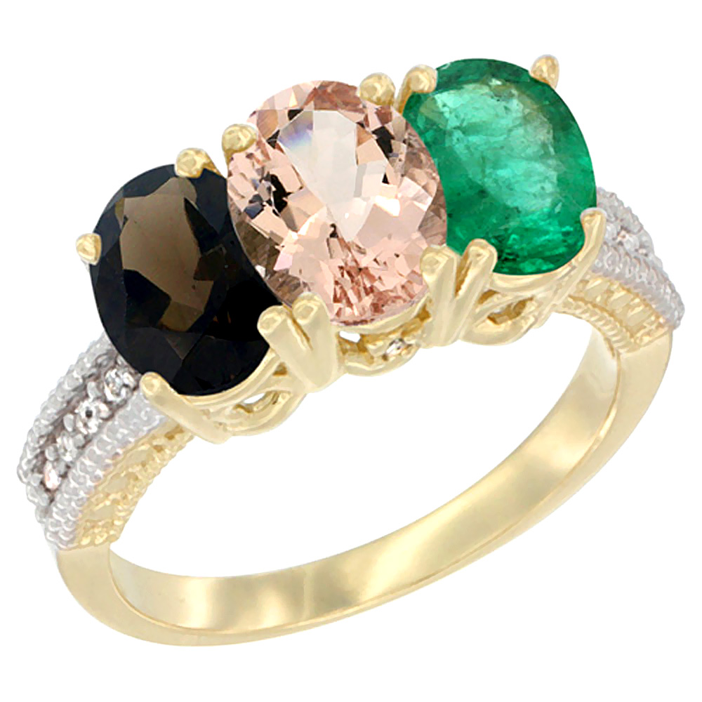 Sabrina Silver 14K Yellow Gold Natural Smoky Topaz, Morganite & Emerald Ring 3-Stone 7x5 mm Oval Diamond Accent, sizes 5 - 10
