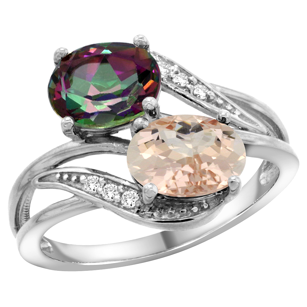 Sabrina Silver 10K White Gold Diamond Natural Mystic Topaz & Morganite 2-stone Ring Oval 8x6mm, sizes 5 - 10
