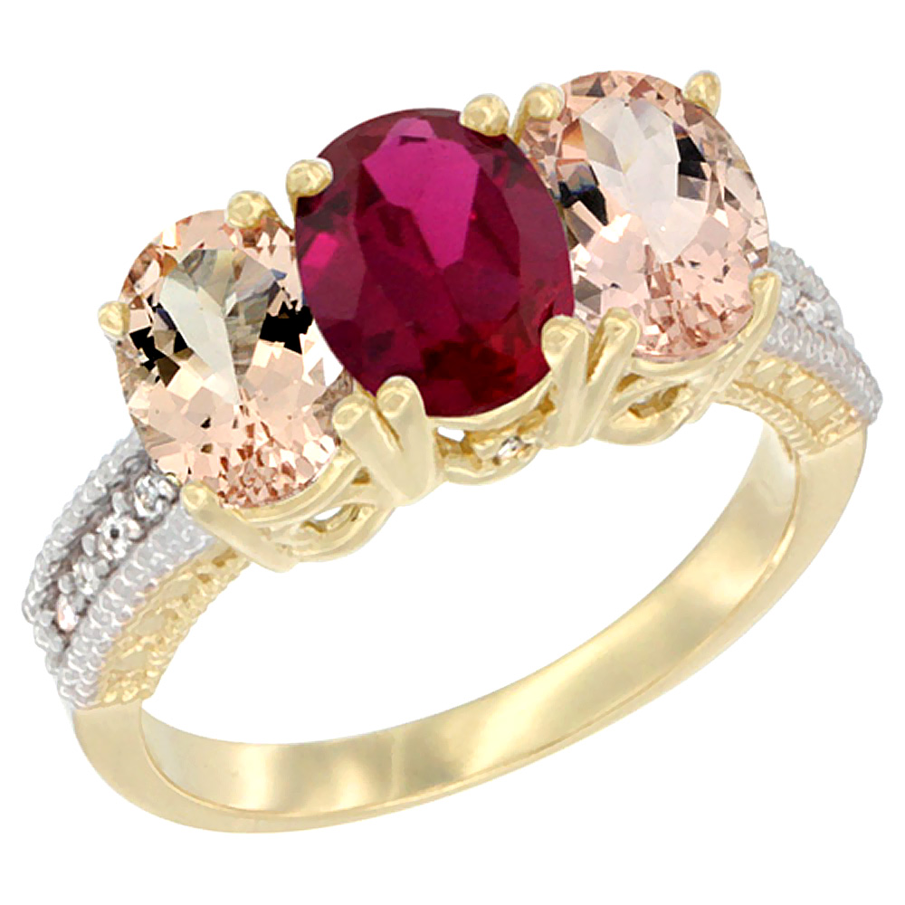 Sabrina Silver 10K Yellow Gold Enhanced Ruby & Natural Morganite Ring 3-Stone Oval 7x5 mm, sizes 5 - 10