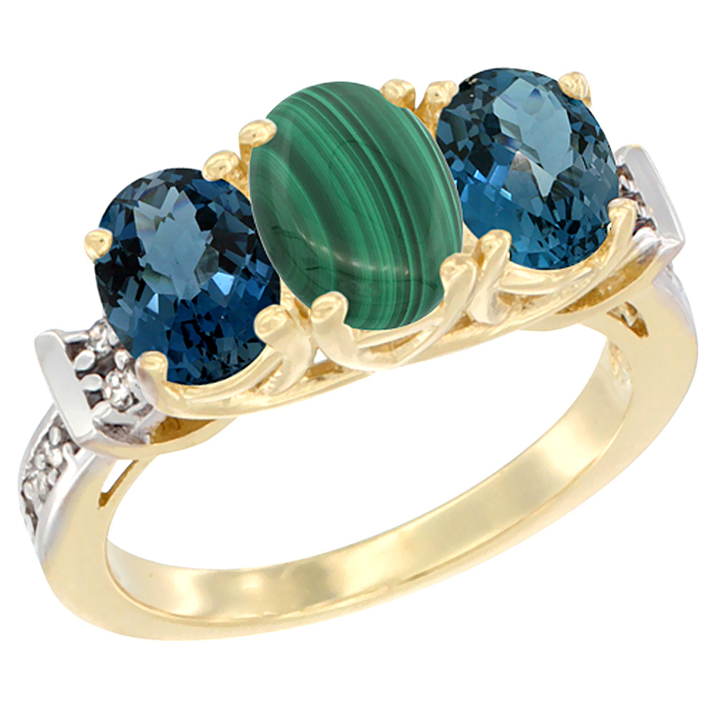 Sabrina Silver 10K Yellow Gold Natural Malachite & London Blue Topaz Sides Ring 3-Stone Oval Diamond Accent, sizes 5 - 10