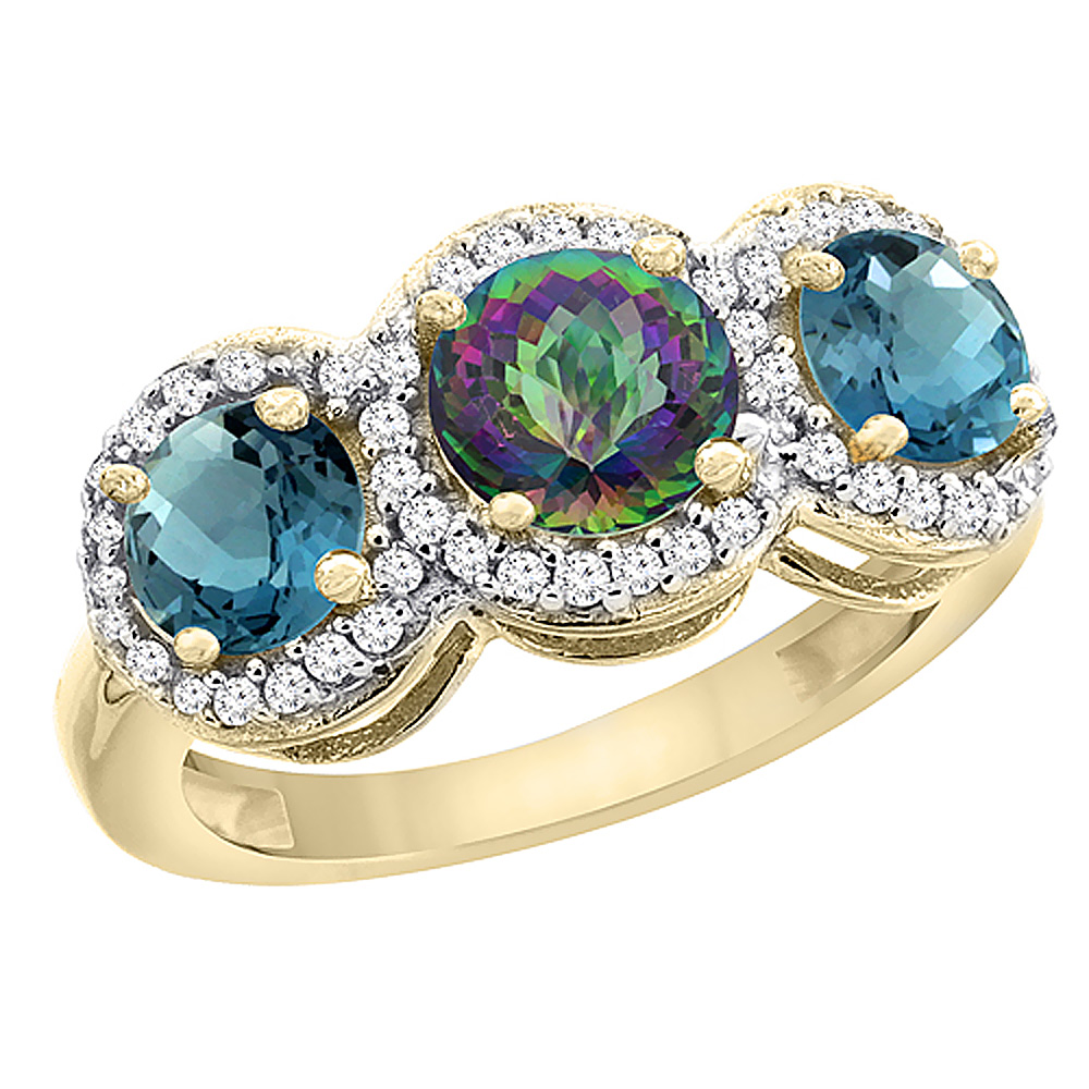 Sabrina Silver 14K Yellow Gold Natural Mystic Topaz & London Blue Topaz Sides Round 3-stone Ring Diamond Accents, sizes 5 - 10
