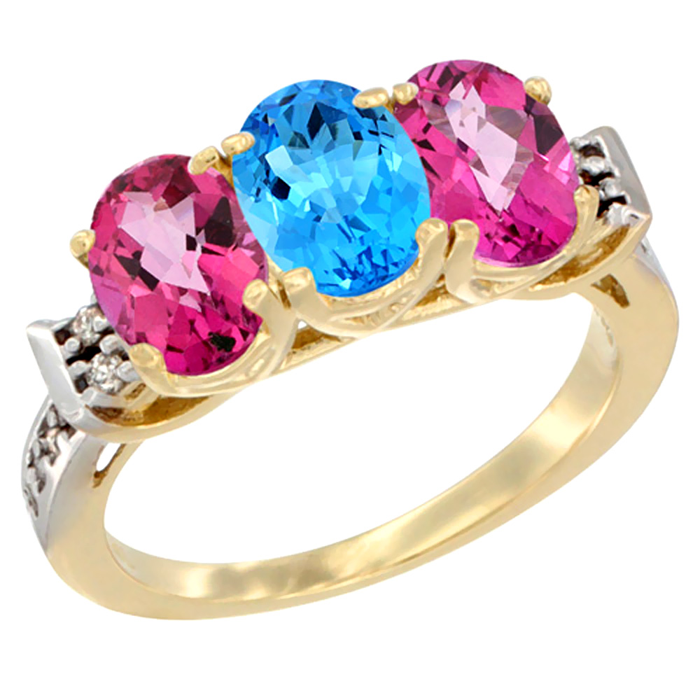 Sabrina Silver 10K Yellow Gold Natural Swiss Blue Topaz & Pink Topaz Sides Ring 3-Stone Oval 7x5 mm Diamond Accent, sizes 5 - 10