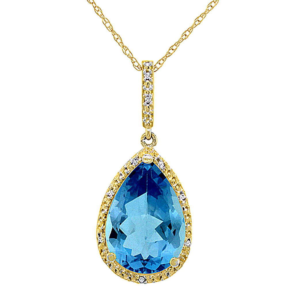 Sabrina Silver 10K Yellow Gold Diamond Halo Natural Swiss Blue Topaz Necklace Pear Shaped 15x10 mm, 18 inch long