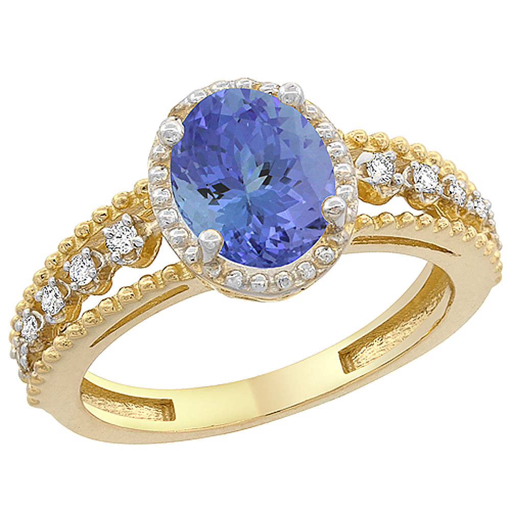 Sabrina Silver 10K Yellow Gold Natural Tanzanite Ring Oval 8x6 mm Floating Diamond Accents, sizes 5 - 10