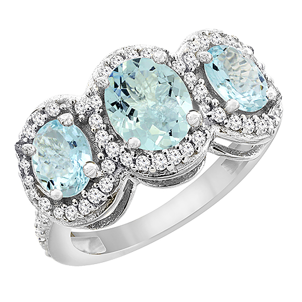 Sabrina Silver 14K White Gold Natural Aquamarine 3-Stone Ring Oval Diamond Accent, sizes 5 - 10