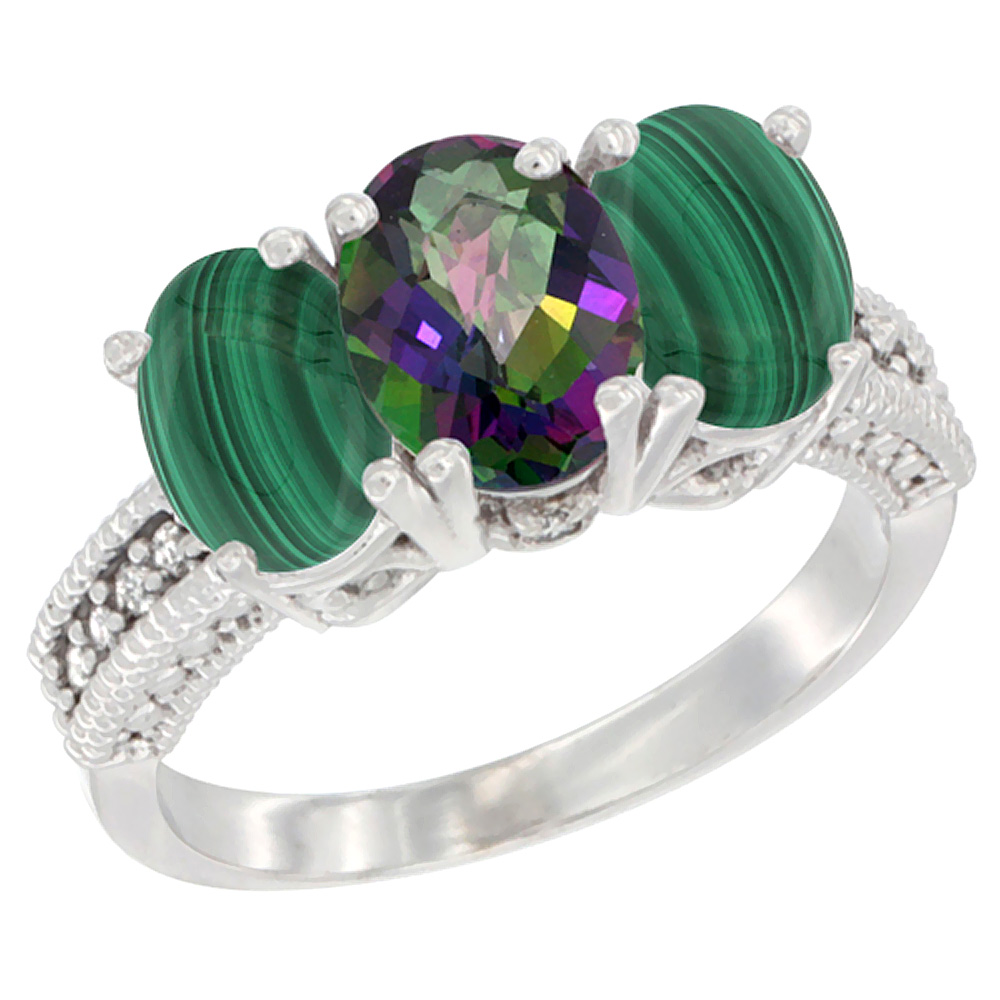 Sabrina Silver 14K White Gold Natural Mystic Topaz Ring with Malachite 3-Stone 7x5 mm Oval Diamond Accent, sizes 5 - 10
