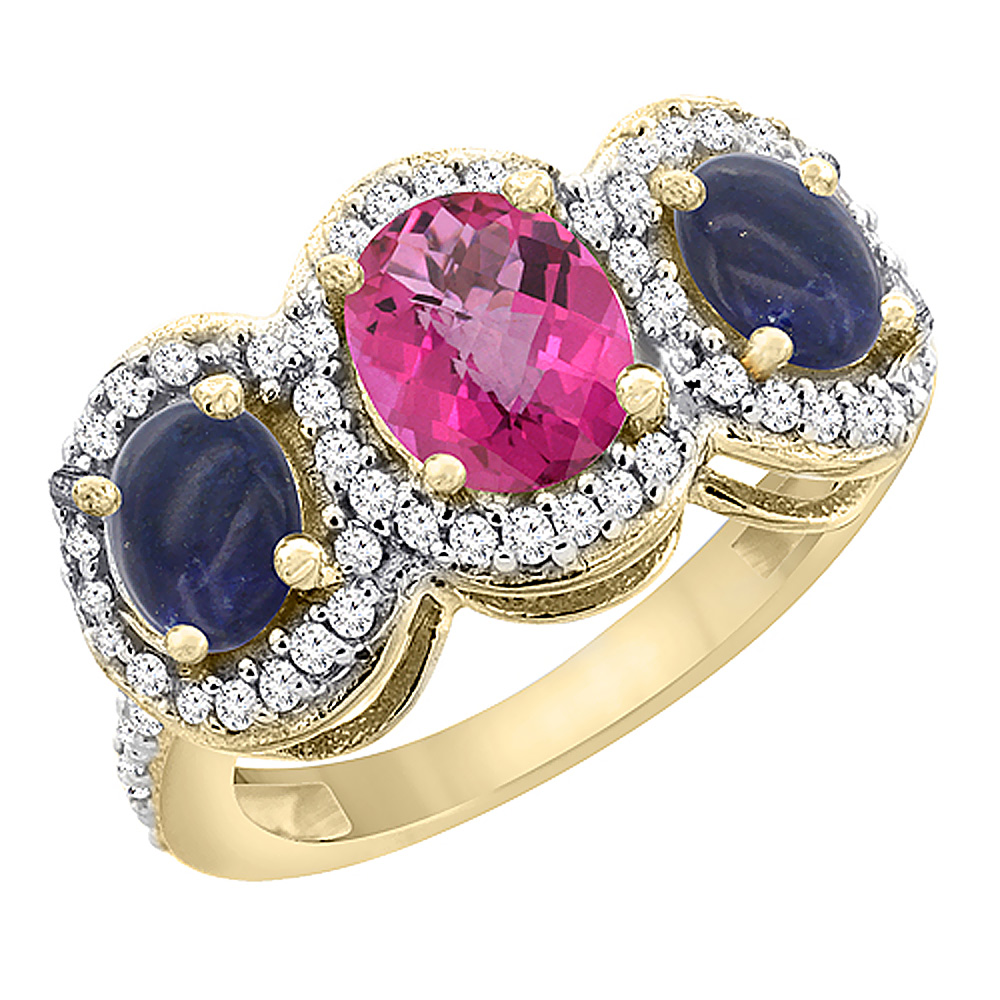 Sabrina Silver 10K Yellow Gold Natural Pink Topaz & Lapis 3-Stone Ring Oval Diamond Accent, sizes 5 - 10