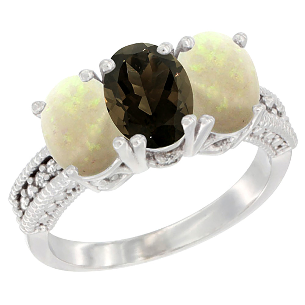 Sabrina Silver 14K White Gold Natural Smoky Topaz & Opal Sides Ring 3-Stone 7x5 mm Oval Diamond Accent, sizes 5 - 10