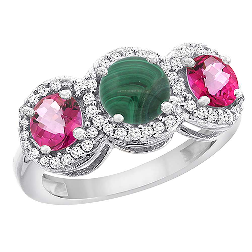 Sabrina Silver 14K White Gold Natural Malachite & Pink Topaz Sides Round 3-stone Ring Diamond Accents, sizes 5 - 10