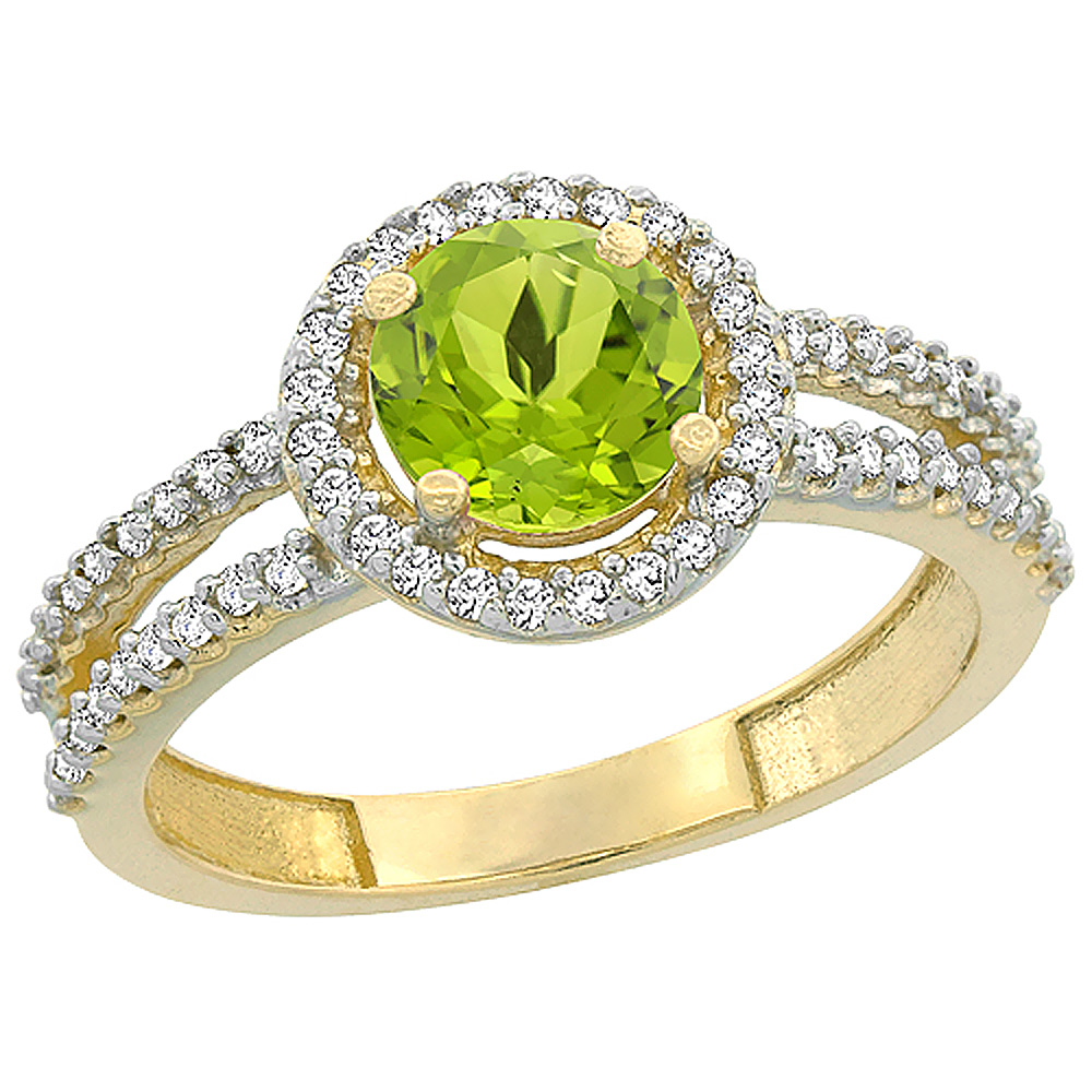 Sabrina Silver 14K Yellow Gold Natural Peridot Diamond Halo Ring Round 6mm, sizes 5 - 10