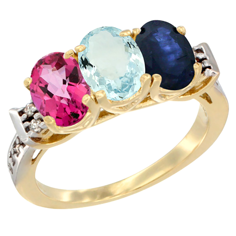 Sabrina Silver 10K Yellow Gold Natural Pink Topaz, Aquamarine & Blue Sapphire Ring 3-Stone Oval 7x5 mm Diamond Accent, sizes 5 - 10