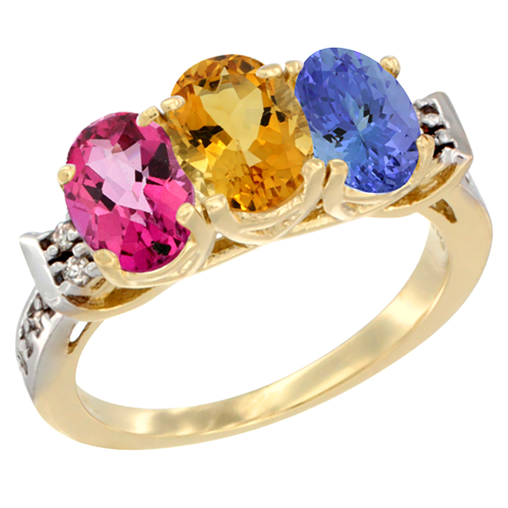 Sabrina Silver 14K Yellow Gold Natural Pink Topaz, Citrine & Tanzanite Ring 3-Stone 7x5 mm Oval Diamond Accent, sizes 5 - 10