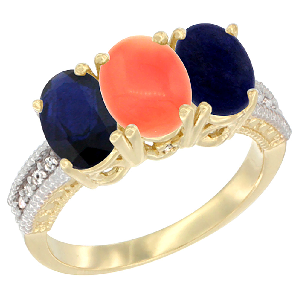Sabrina Silver 10K Yellow Gold Diamond Natural Blue Sapphire, Coral & Lapis Ring 3-Stone 7x5 mm Oval, sizes 5 - 10