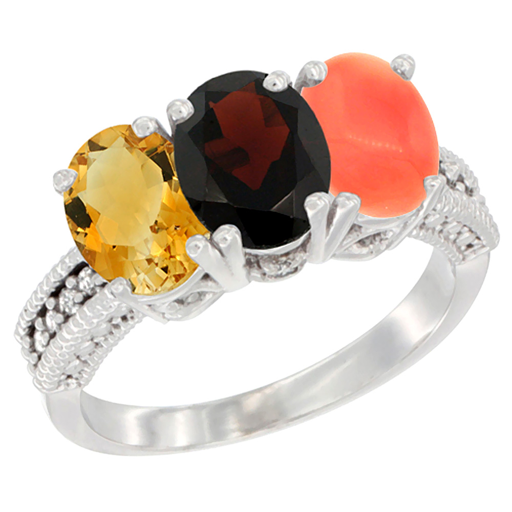Sabrina Silver 10K White Gold Natural Citrine, Garnet & Coral Ring 3-Stone Oval 7x5 mm Diamond Accent, sizes 5 - 10