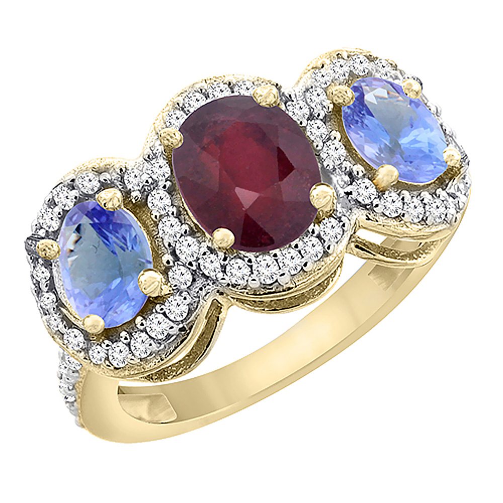 Sabrina Silver 14K Yellow Gold Enhanced Ruby & Tanzanite 3-Stone Ring Oval Diamond Accent, sizes 5 - 10