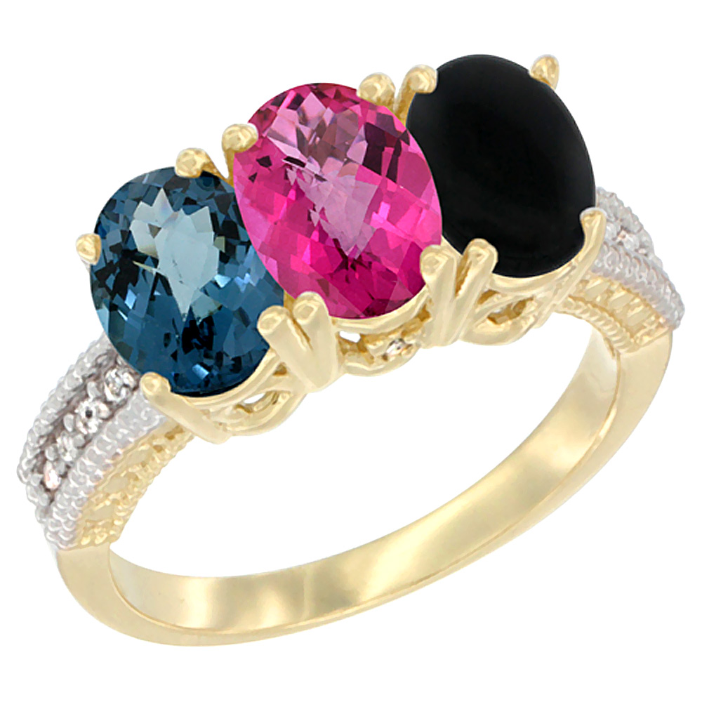 Sabrina Silver 10K Yellow Gold Diamond Natural London Blue Topaz, Pink Topaz & Black Onyx Ring 3-Stone Oval 7x5 mm, sizes 5 - 10