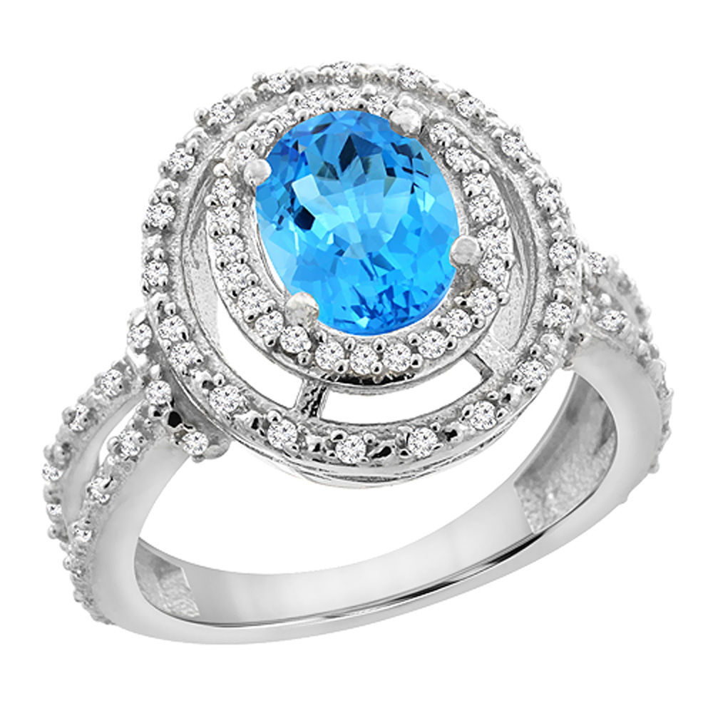 Sabrina Silver 14K White Gold Natural Swiss Blue Topaz Ring Oval 8x6 mm Double Halo Diamond, sizes 5 - 10