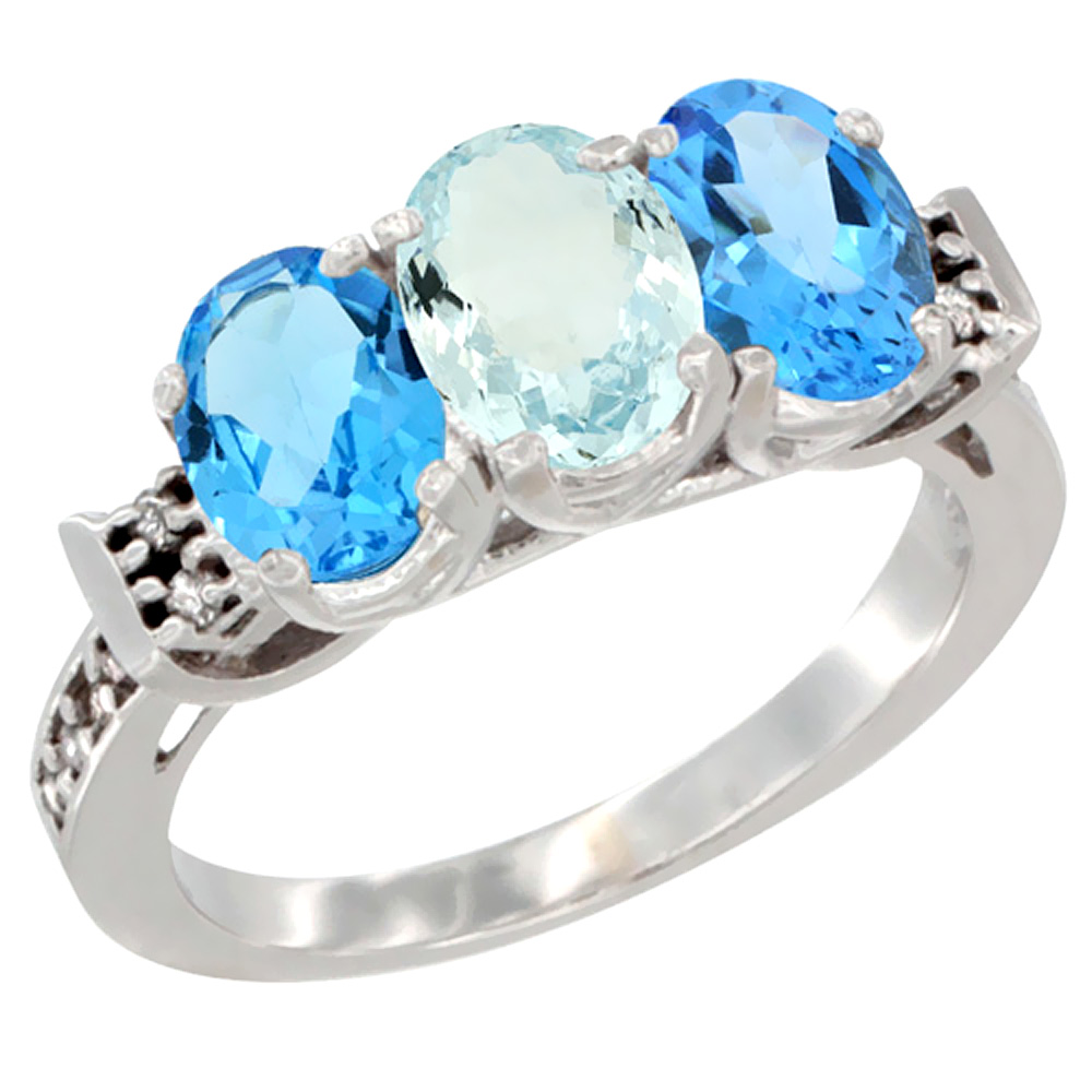 Sabrina Silver 14K White Gold Natural Aquamarine & Swiss Blue Topaz Sides Ring 3-Stone 7x5 mm Oval Diamond Accent, sizes 5 - 10