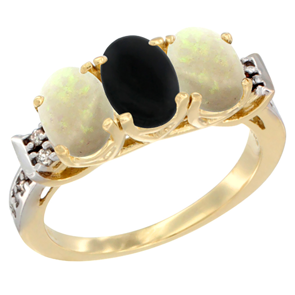 Sabrina Silver 14K Yellow Gold Natural Black Onyx & Opal Sides Ring 3-Stone Oval 7x5 mm Diamond Accent, sizes 5 - 10
