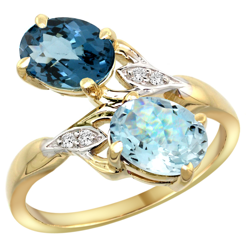 Sabrina Silver 10K Yellow Gold Diamond Natural London Blue Topaz & Aquamarine 2-stone Ring Oval 8x6mm, sizes 5 - 10