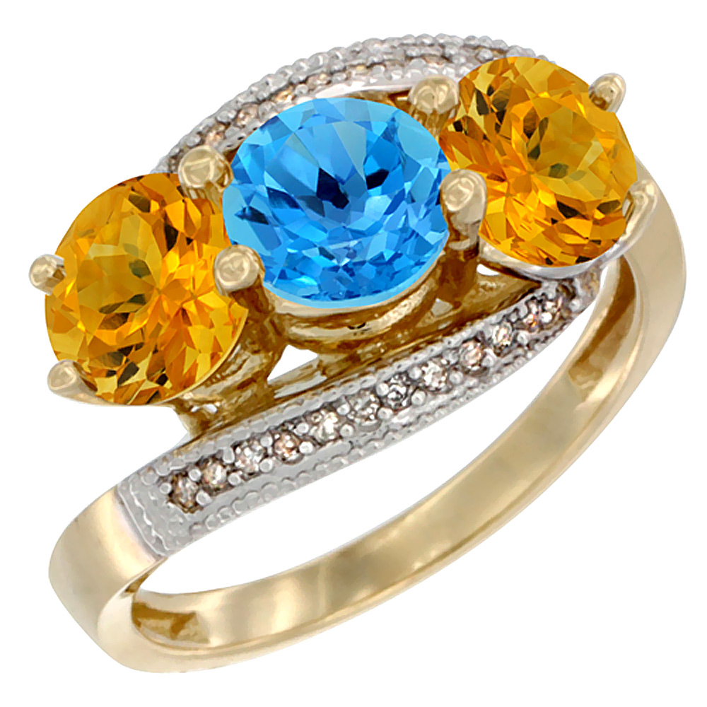 Sabrina Silver 14K Yellow Gold Natural Swiss Blue Topaz & Citrine Sides 3 stone Ring Round 6mm Diamond Accent, sizes 5 - 10