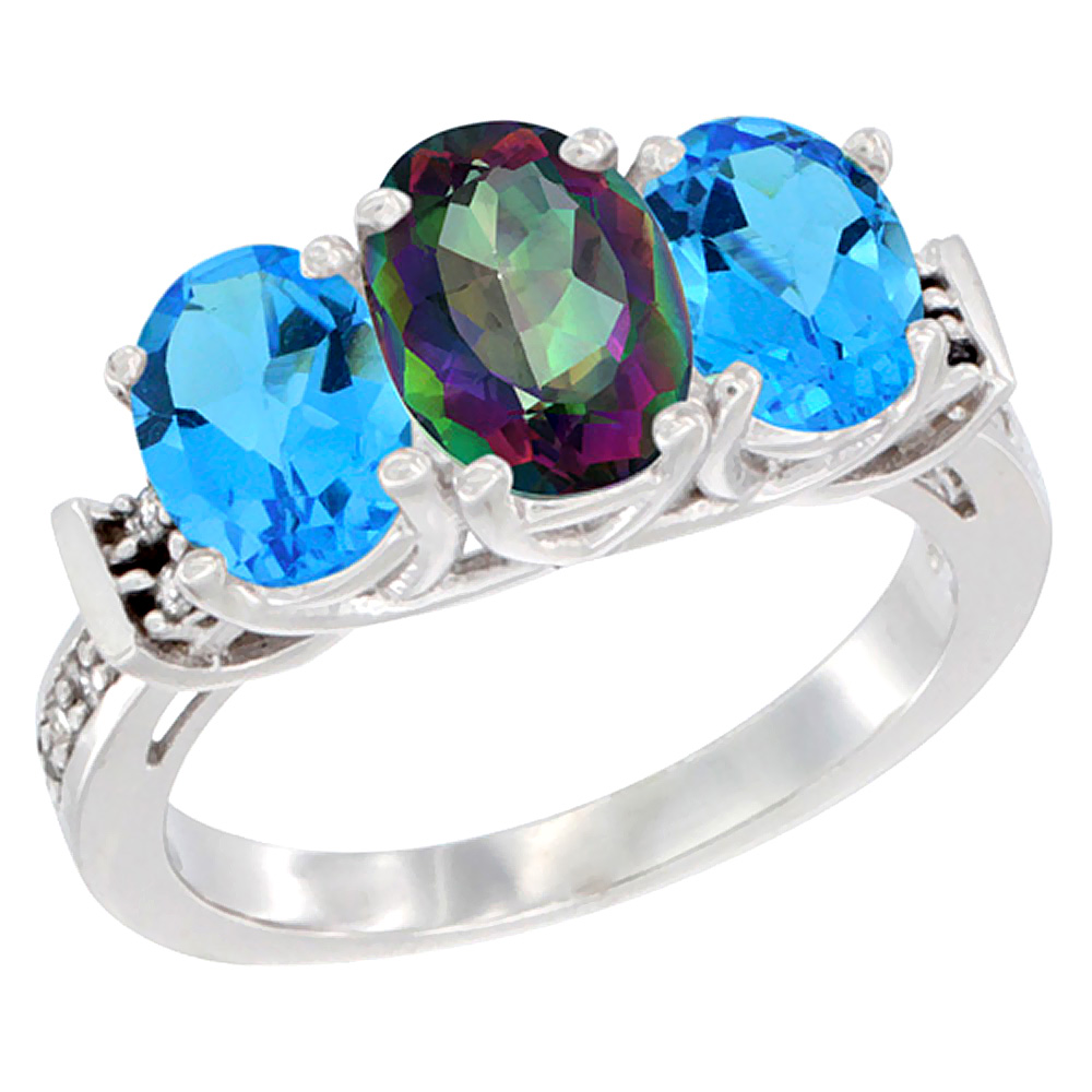 Sabrina Silver 10K White Gold Natural Mystic Topaz & Swiss Blue Topaz Sides Ring 3-Stone Oval Diamond Accent, sizes 5 - 10