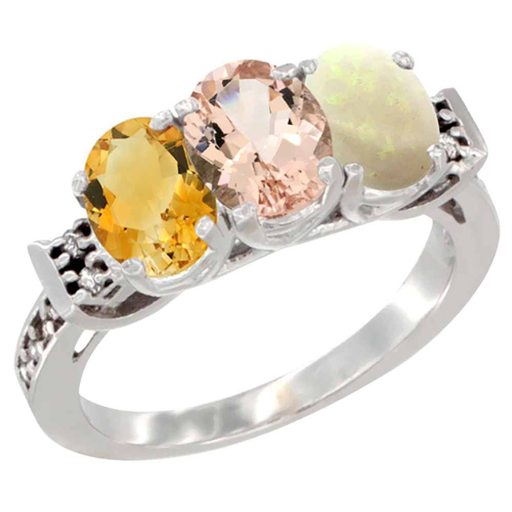 Sabrina Silver 14K White Gold Natural Citrine, Morganite & Opal Ring 3-Stone 7x5 mm Oval Diamond Accent, sizes 5 - 10